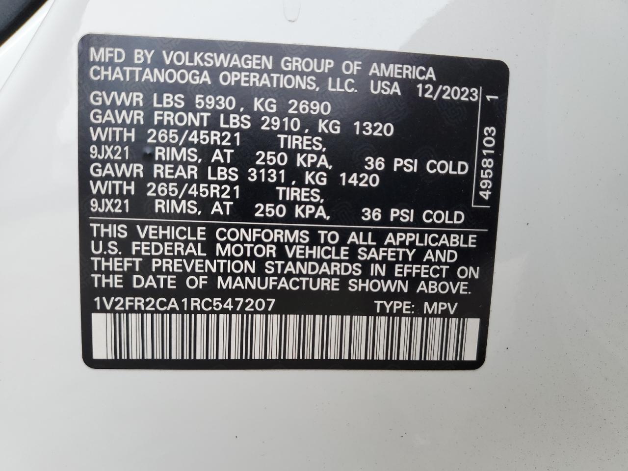 2024 Volkswagen Atlas Sel Premium R-Line VIN: 1V2FR2CA1RC547207 Lot: 84009375