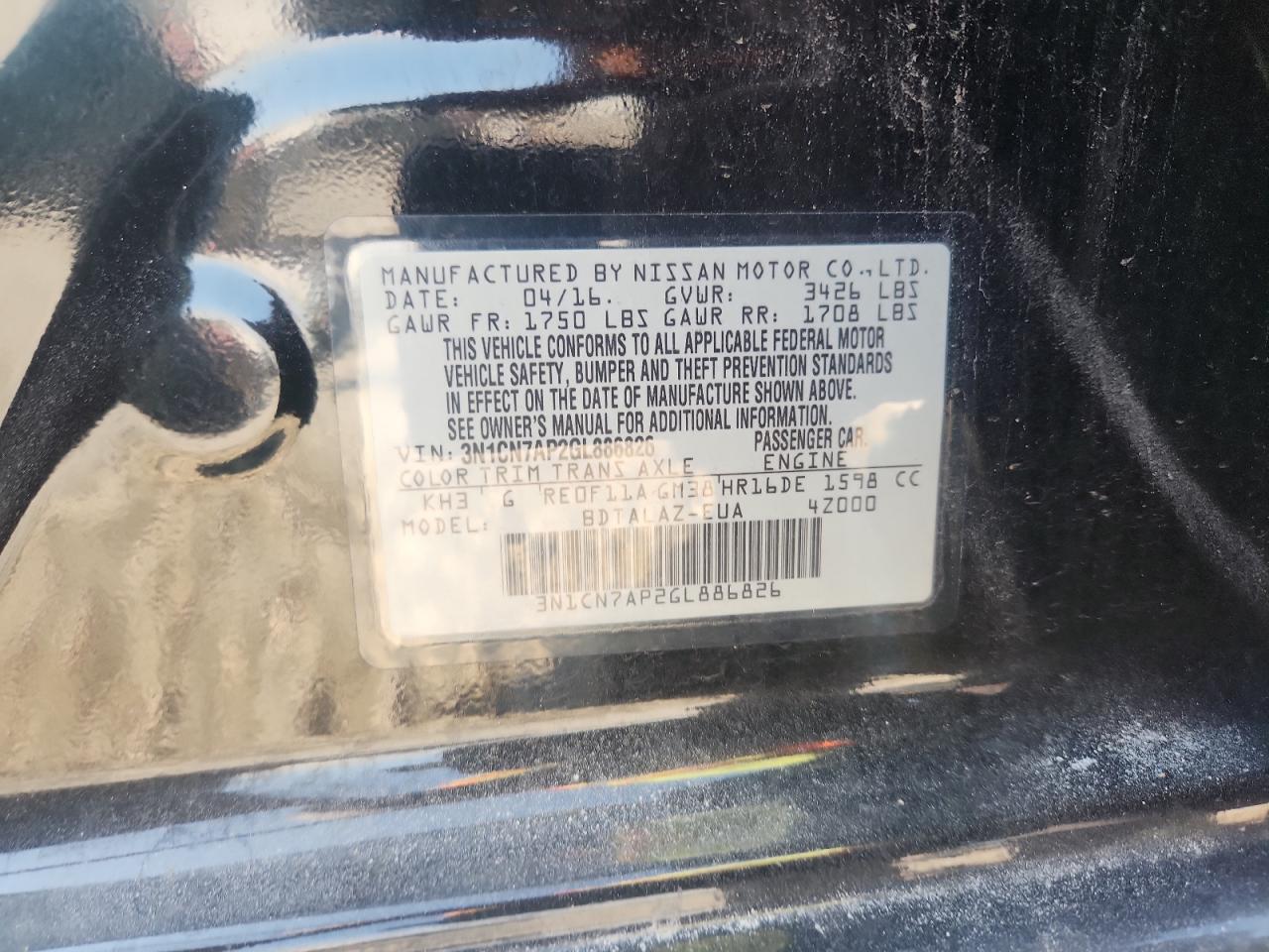 2016 Nissan Versa S VIN: 3N1CN7AP2GL886826 Lot: 80873455