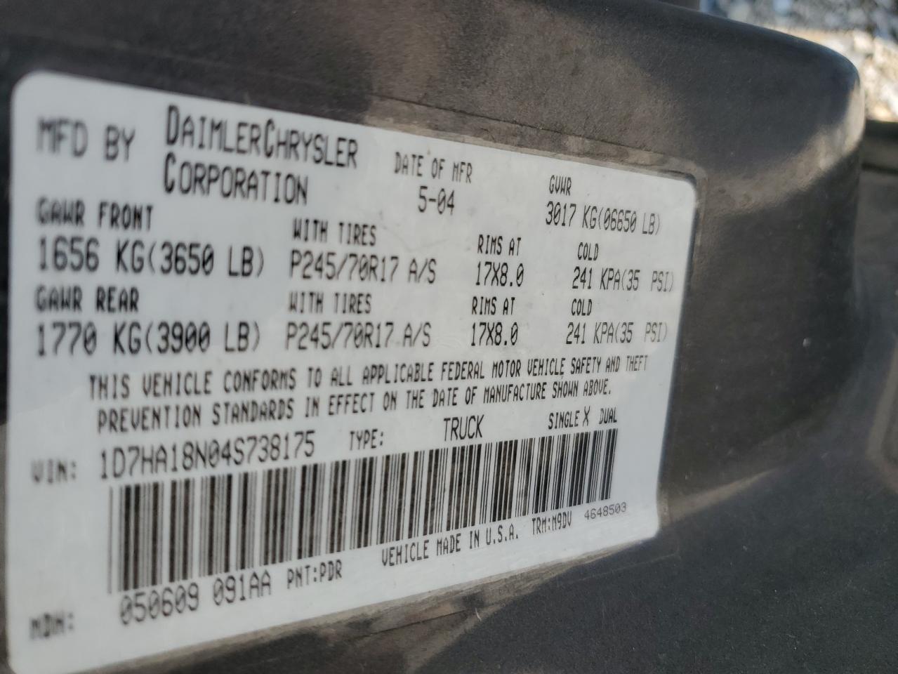 2004 Dodge Ram 1500 St VIN: 1D7HA18N04S738175 Lot: 80379515