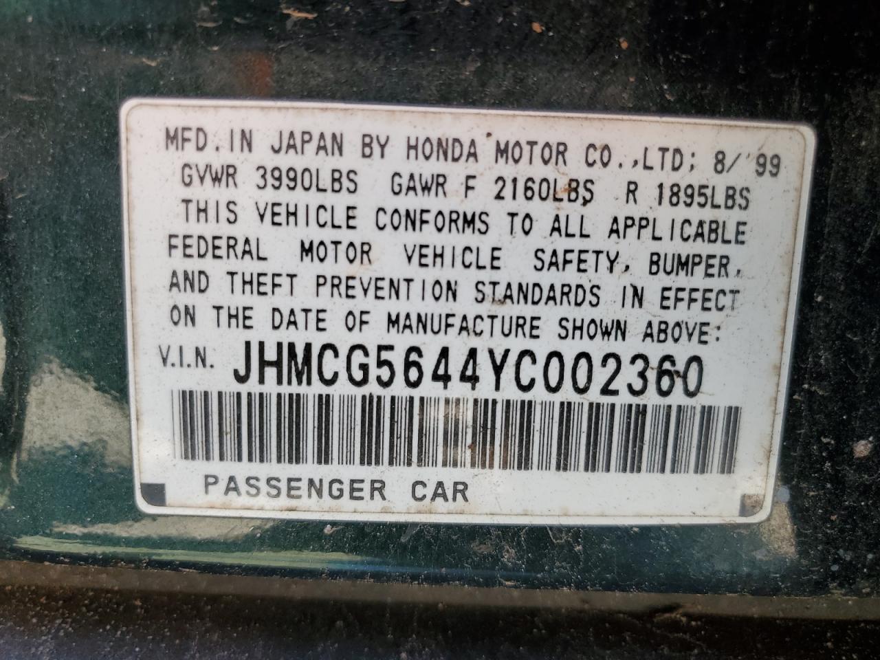 2000 Honda Accord Lx VIN: JHMCG5644YC002360 Lot: 71735185