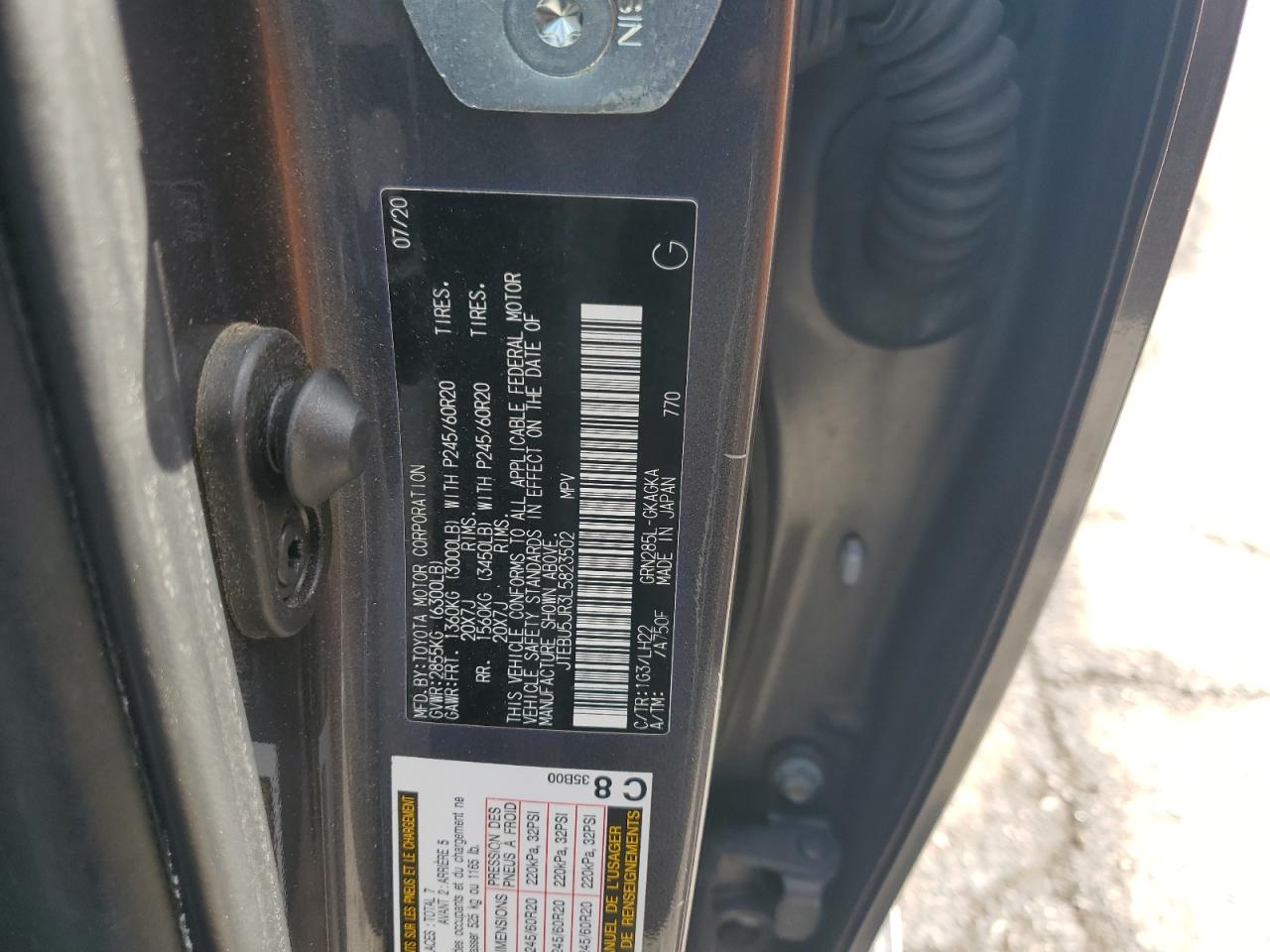 2020 Toyota 4Runner Sr5/Sr5 Premium VIN: JTEBU5JR3L5823502 Lot: 84256765