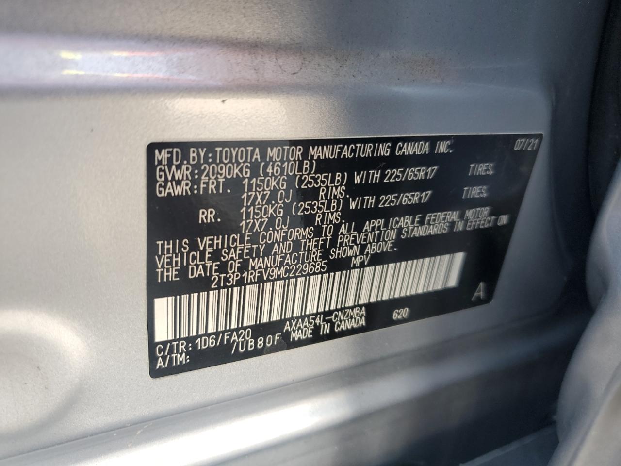 2021 Toyota Rav4 Xle VIN: 2T3P1RFV9MC229685 Lot: 80347825