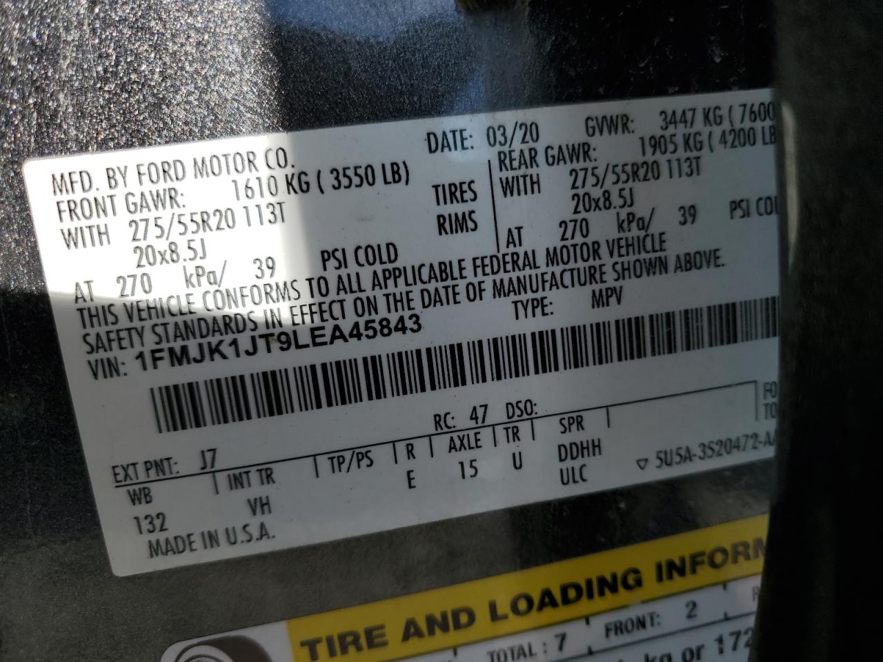 2020 Ford Expedition Max Xlt VIN: 1FMJK1JT9LEA45843 Lot: 84707215