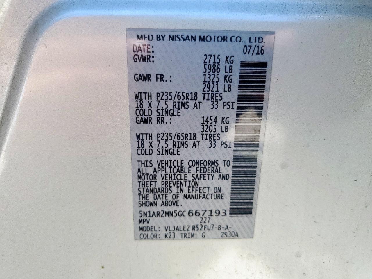 2016 Nissan Pathfinder S VIN: 5N1AR2MN5GC667193 Lot: 71077685