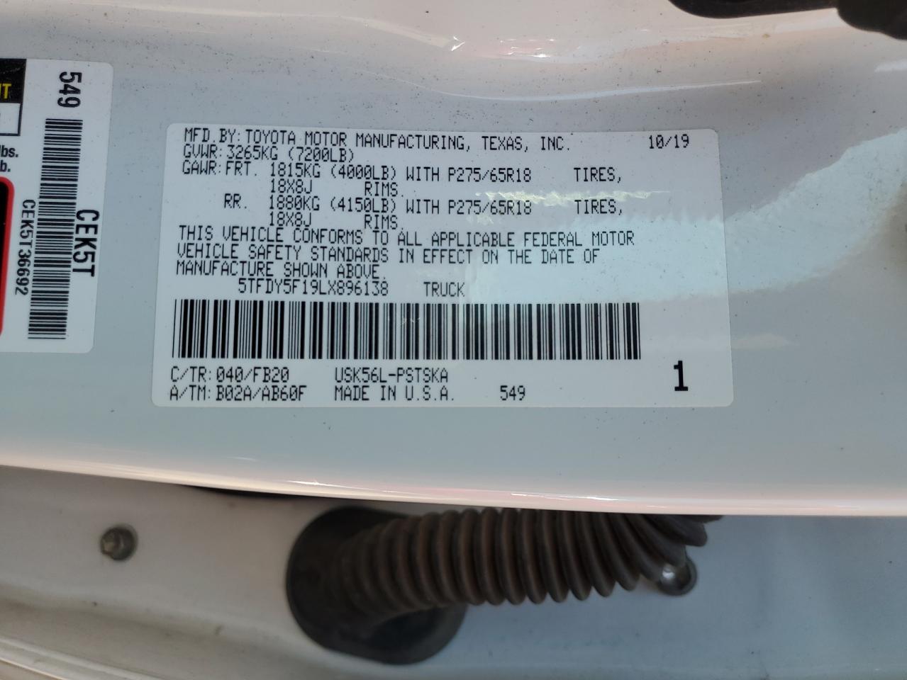 2020 Toyota Tundra Crewmax Sr5 VIN: 5TFDY5F19LX896138 Lot: 72053165