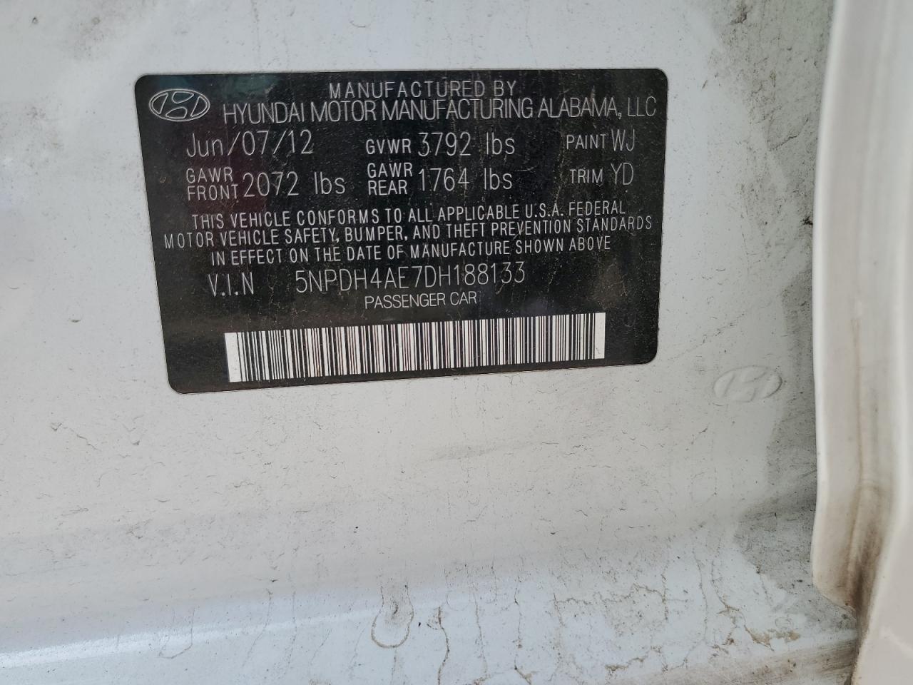 2013 Hyundai Elantra Gls VIN: 5NPDH4AE7DH188133 Lot: 81794825