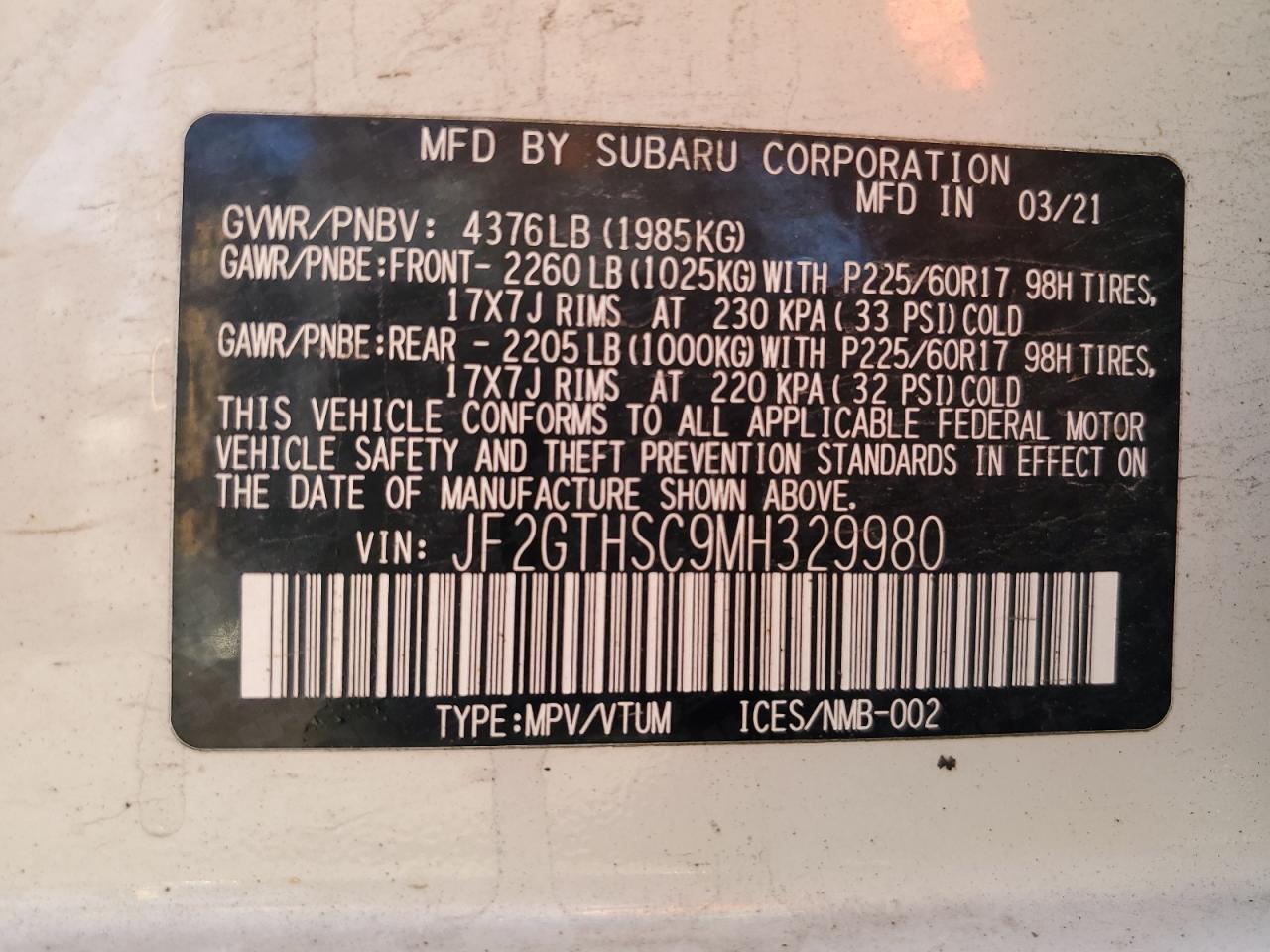 2021 Subaru Crosstrek Sport VIN: JF2GTHSC9MH329980 Lot: 83947675