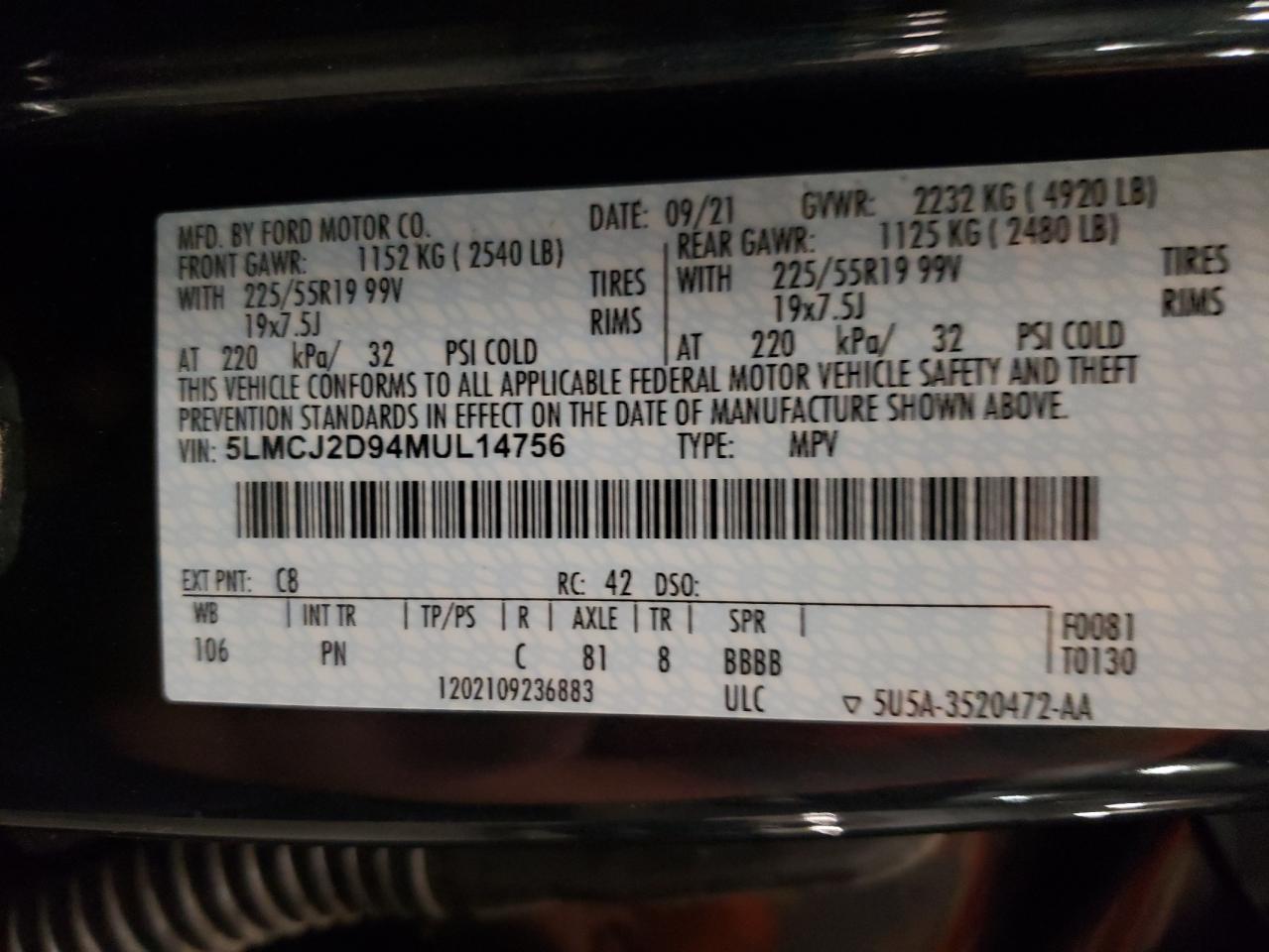 2021 Lincoln Corsair Reserve VIN: 5LMCJ2D94MUL14756 Lot: 70787725