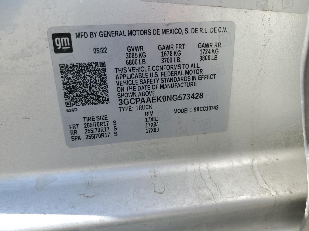 2022 Chevrolet Silverado C1500 VIN: 3GCPAAEK9NG573428 Lot: 82124255