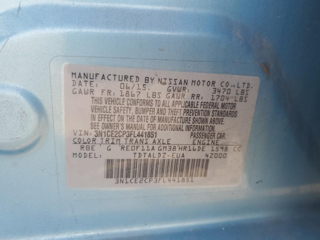 2015 Nissan Versa Note S VIN: 3N1CE2CP3FL441851 Lot: 80710885
