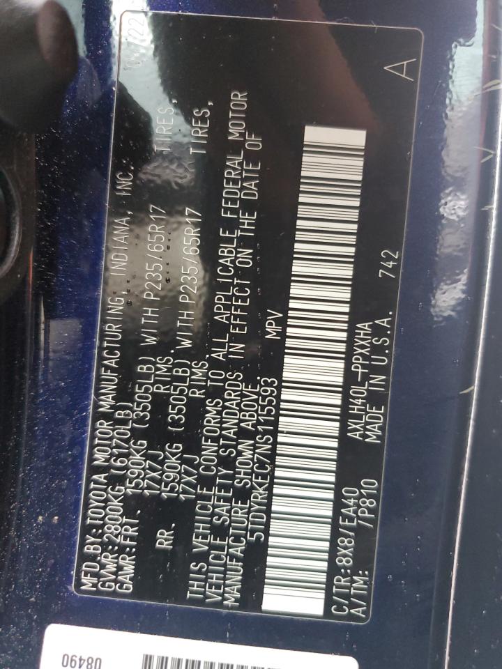 2022 Toyota Sienna Xle VIN: 5TDYRKEC7NS115593 Lot: 81874585