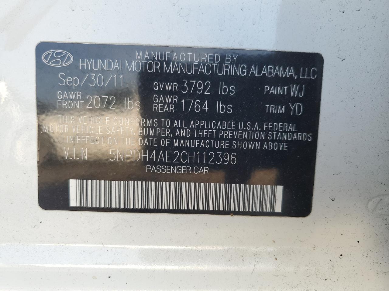 2012 Hyundai Elantra Gls VIN: 5NPDH4AE2CH112396 Lot: 81563895