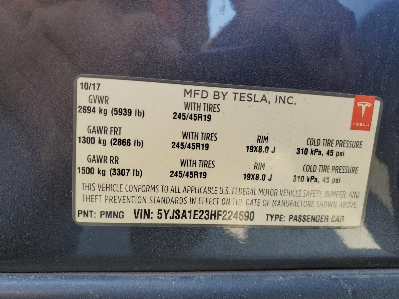 2017 Tesla Model S VIN: 5YJSA1E23HF224690 Lot: 81130255