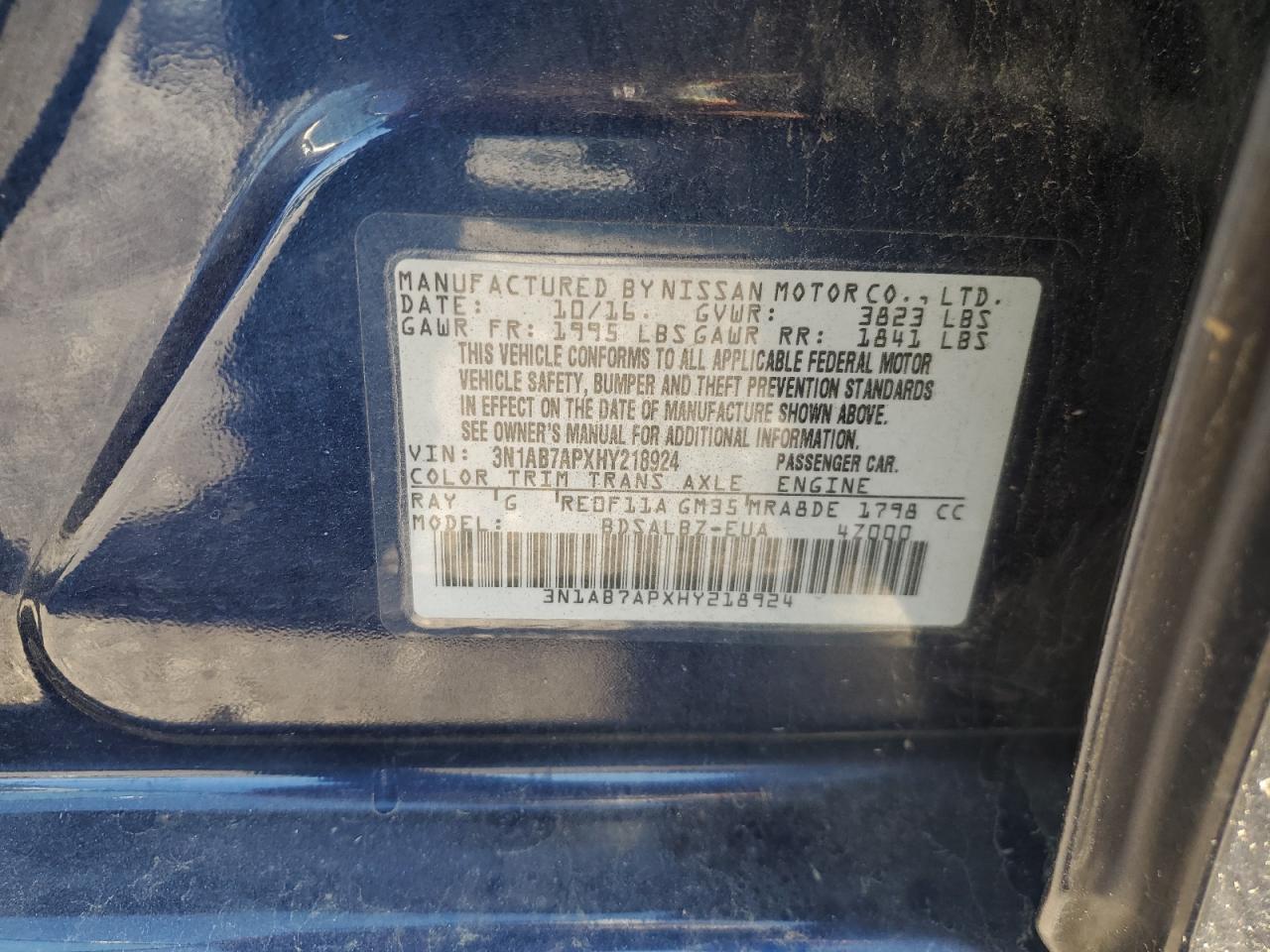 2017 Nissan Sentra S VIN: 3N1AB7APXHY218924 Lot: 80633535