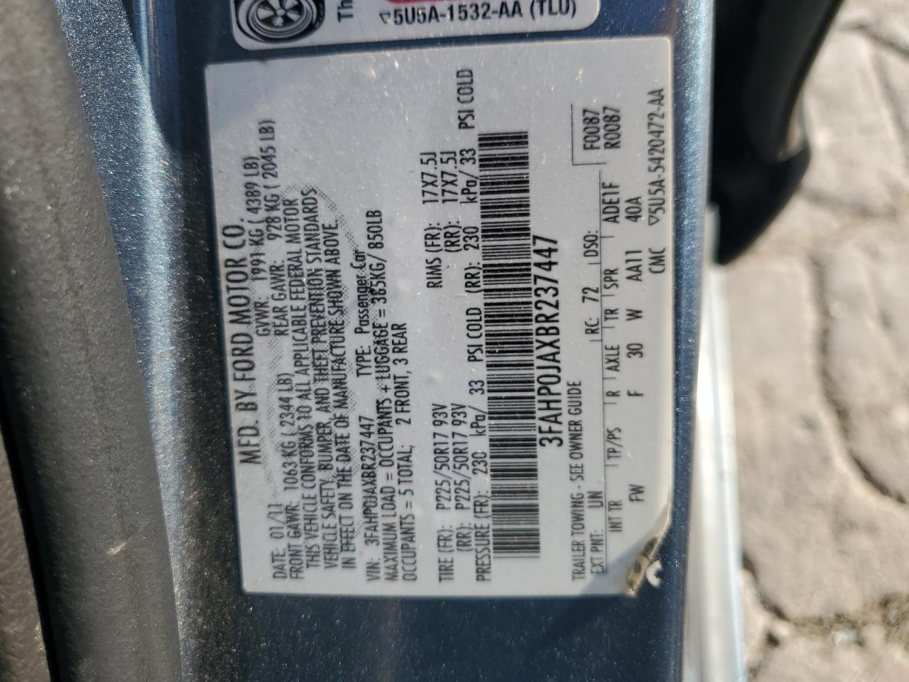 2011 Ford Fusion Sel VIN: 3FAHP0JAXBR237447 Lot: 81899565