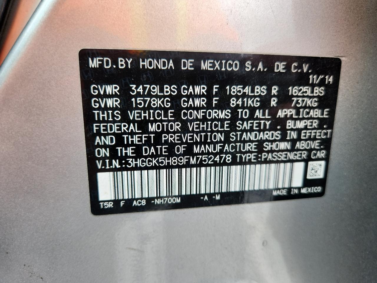 2015 Honda Fit Ex VIN: 3HGGK5H89FM752478 Lot: 81310535