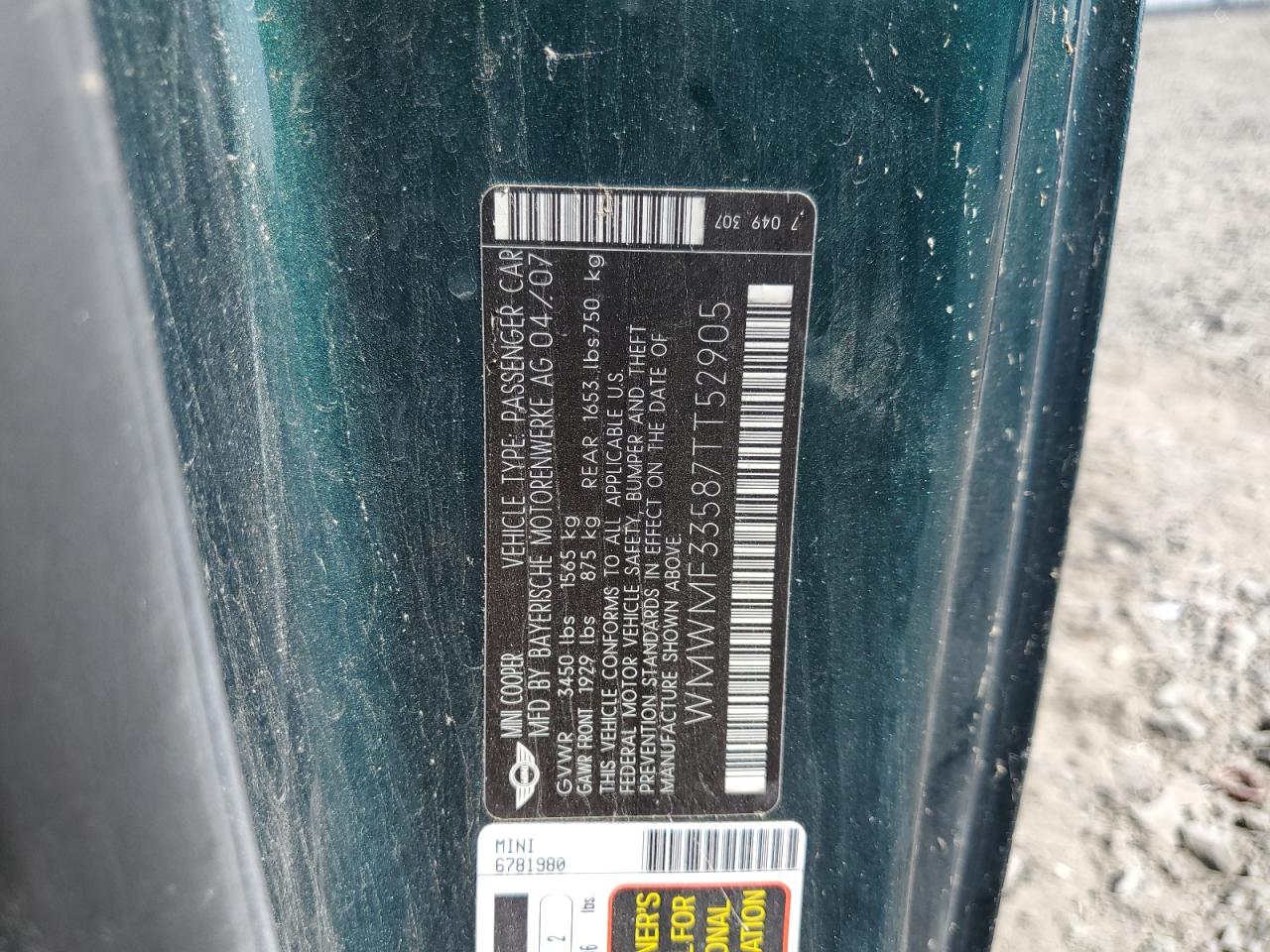2007 Mini Cooper VIN: WMWMF33587TT52905 Lot: 81384195