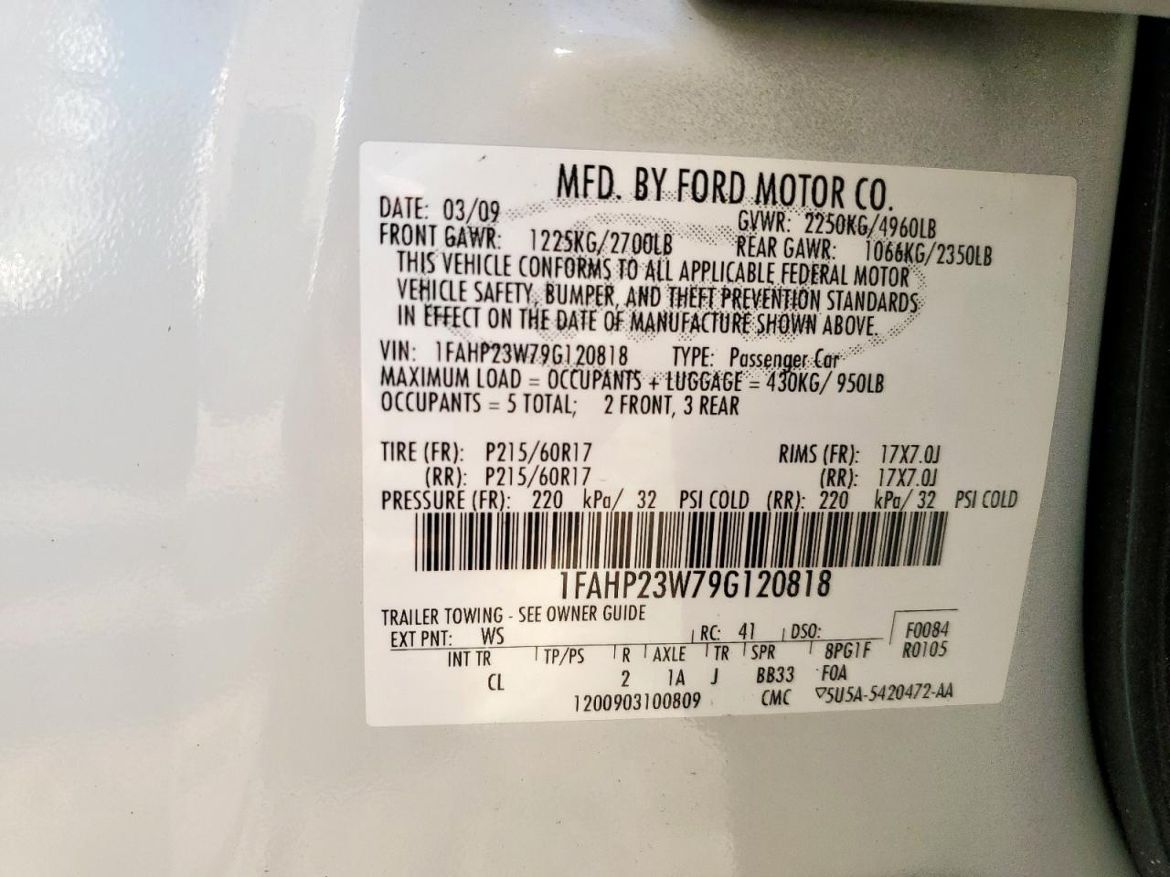 2009 Ford Taurus Se VIN: 1FAHP23W79G120818 Lot: 80883585