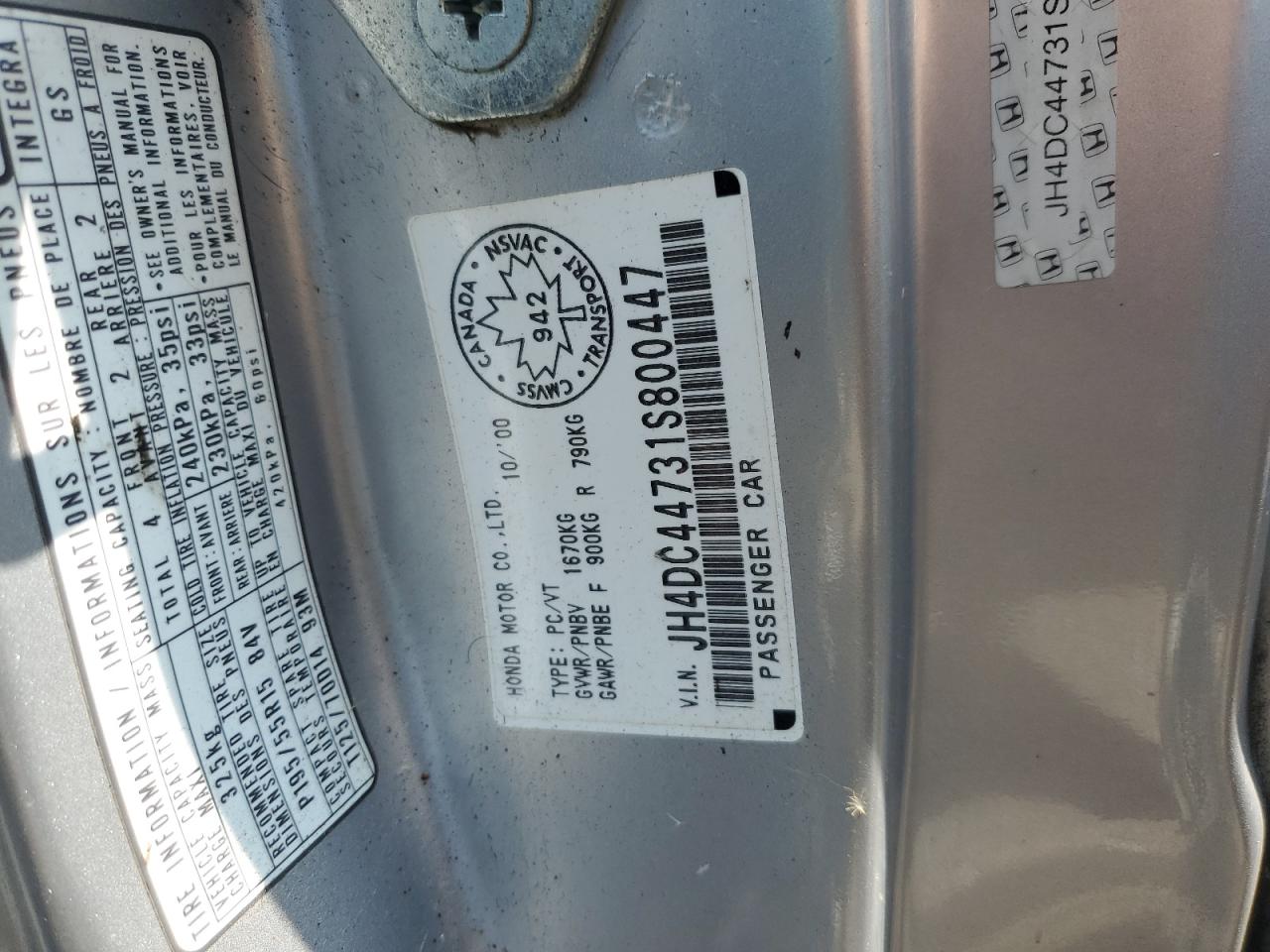 2001 Acura Integra Gs VIN: JH4DC44731S800447 Lot: 70573155