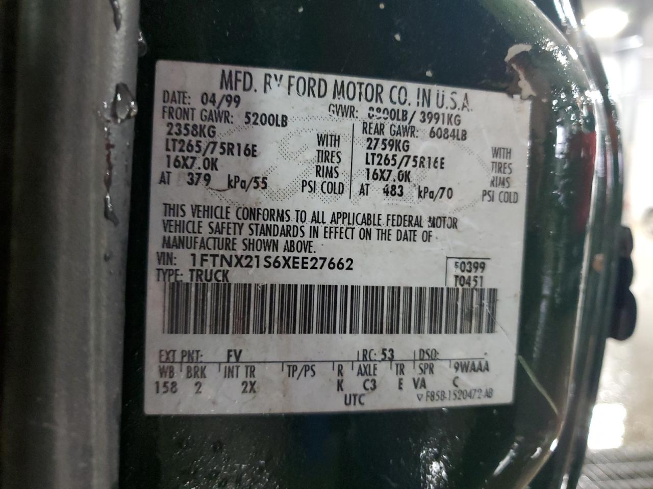 1999 Ford F250 Super Duty VIN: 1FTNX21S6XEE27662 Lot: 81492625