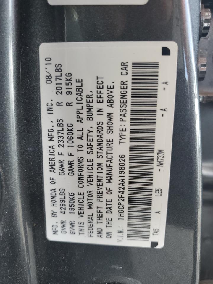 2010 Honda Accord Lxp VIN: 1HGCP2F42AA198026 Lot: 71885055