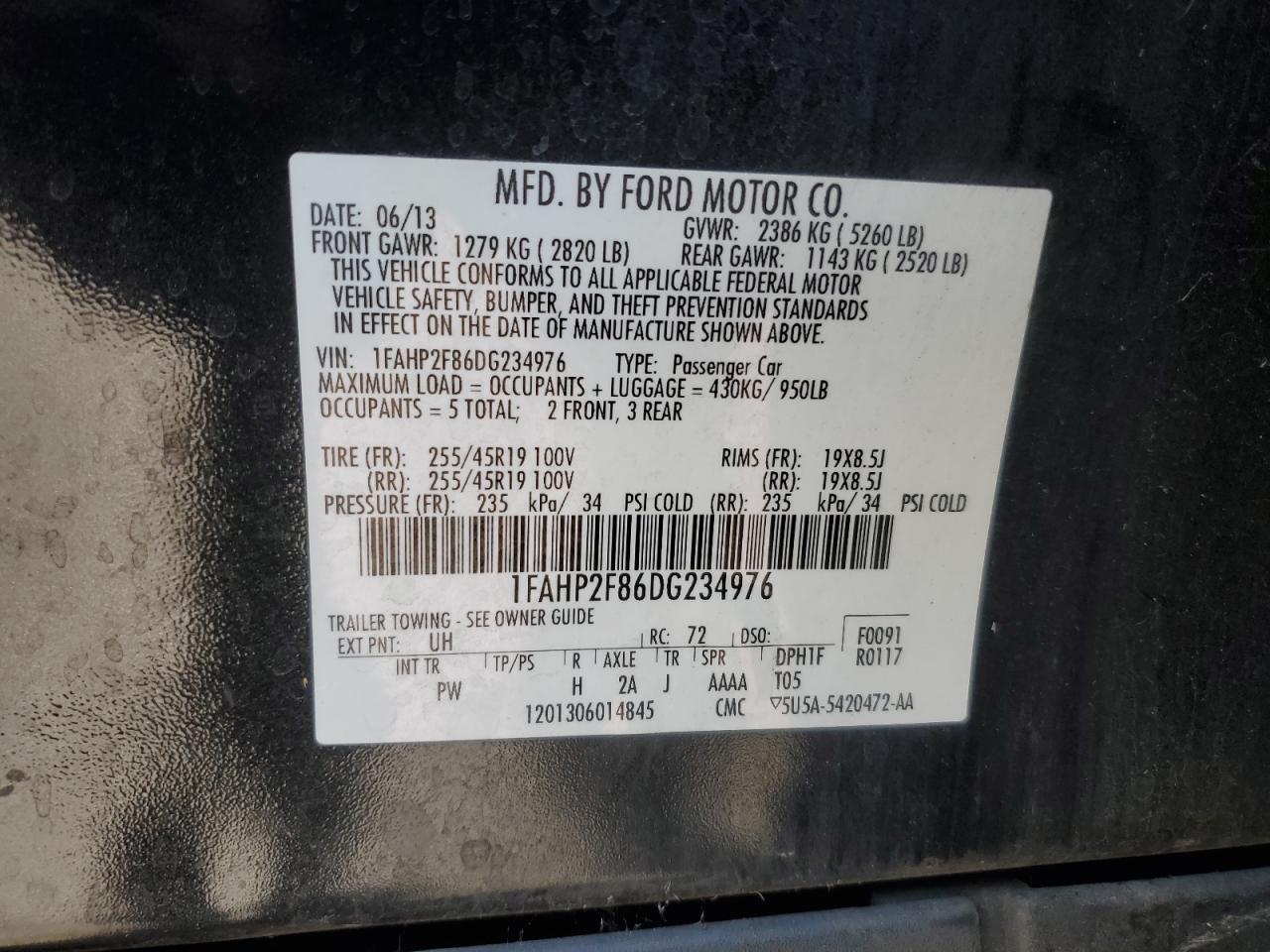 2013 Ford Taurus Limited VIN: 1FAHP2F86DG234976 Lot: 80468035