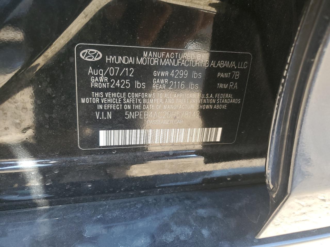 2013 Hyundai Sonata Gls VIN: 5NPEB4AC2DH578142 Lot: 83964825