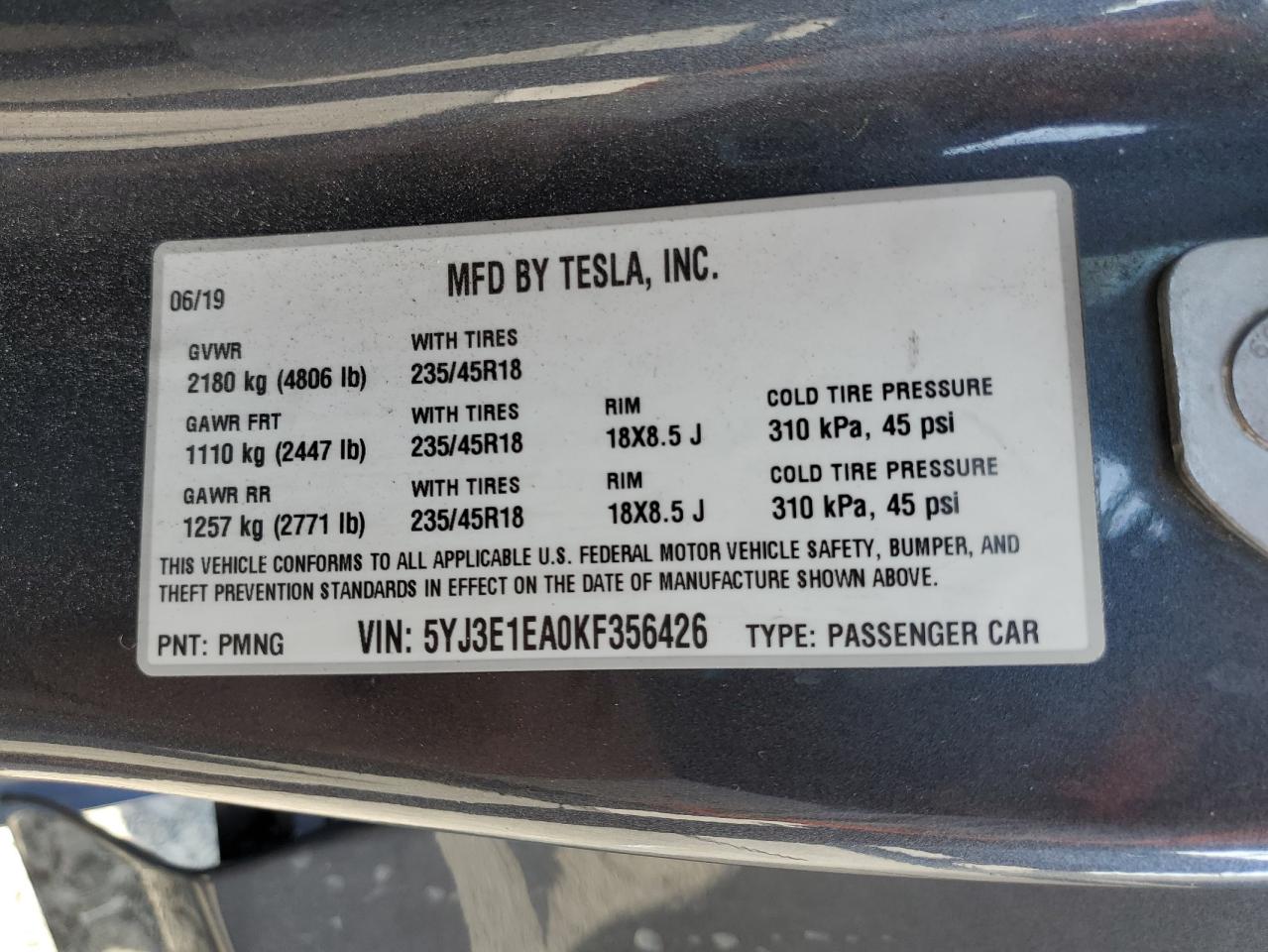 2019 Tesla Model 3 VIN: 5YJ3E1EA0KF356426 Lot: 80742585
