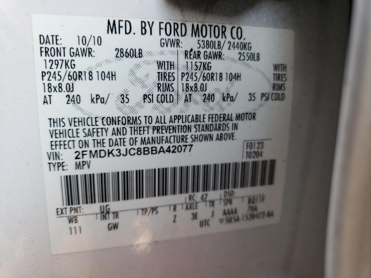 2011 Ford Edge Sel VIN: 2FMDK3JC8BBA42077 Lot: 80302985