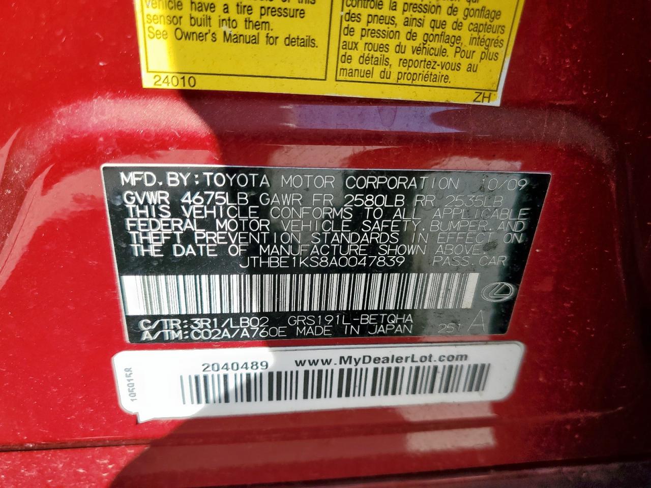 2010 Lexus Gs 350 VIN: JTHBE1KS8A0047839 Lot: 81840115