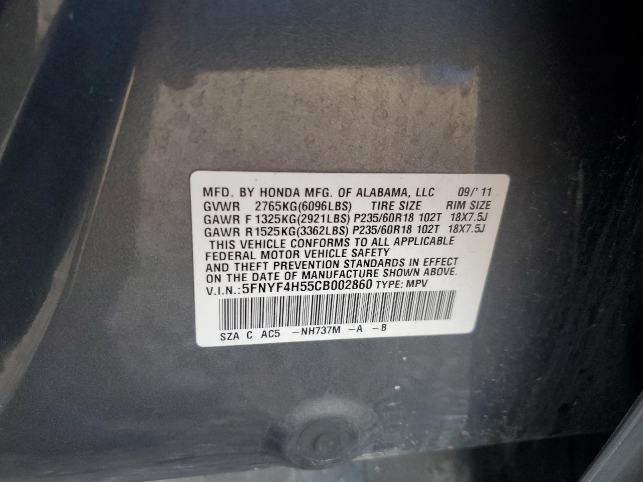 2012 Honda Pilot Exl VIN: 5FNYF4H55CB002860 Lot: 81835455