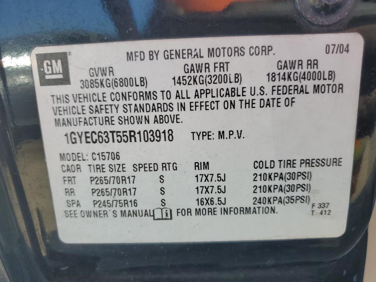 2005 Cadillac Escalade Luxury VIN: 1GYEC63T55R103918 Lot: 71027765