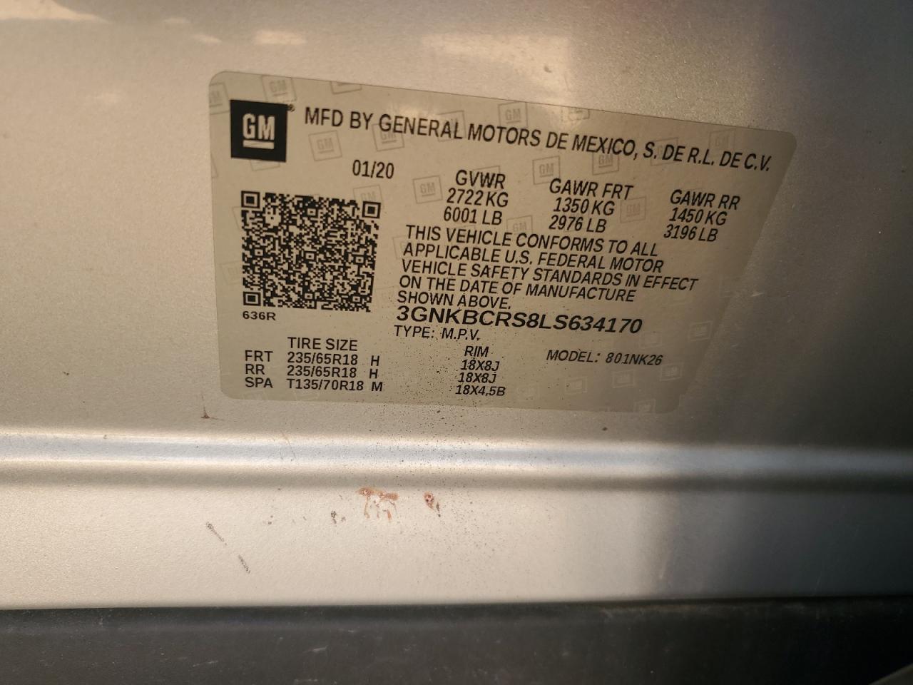 2020 Chevrolet Blazer 2Lt VIN: 3GNKBCRS8LS634170 Lot: 84795535