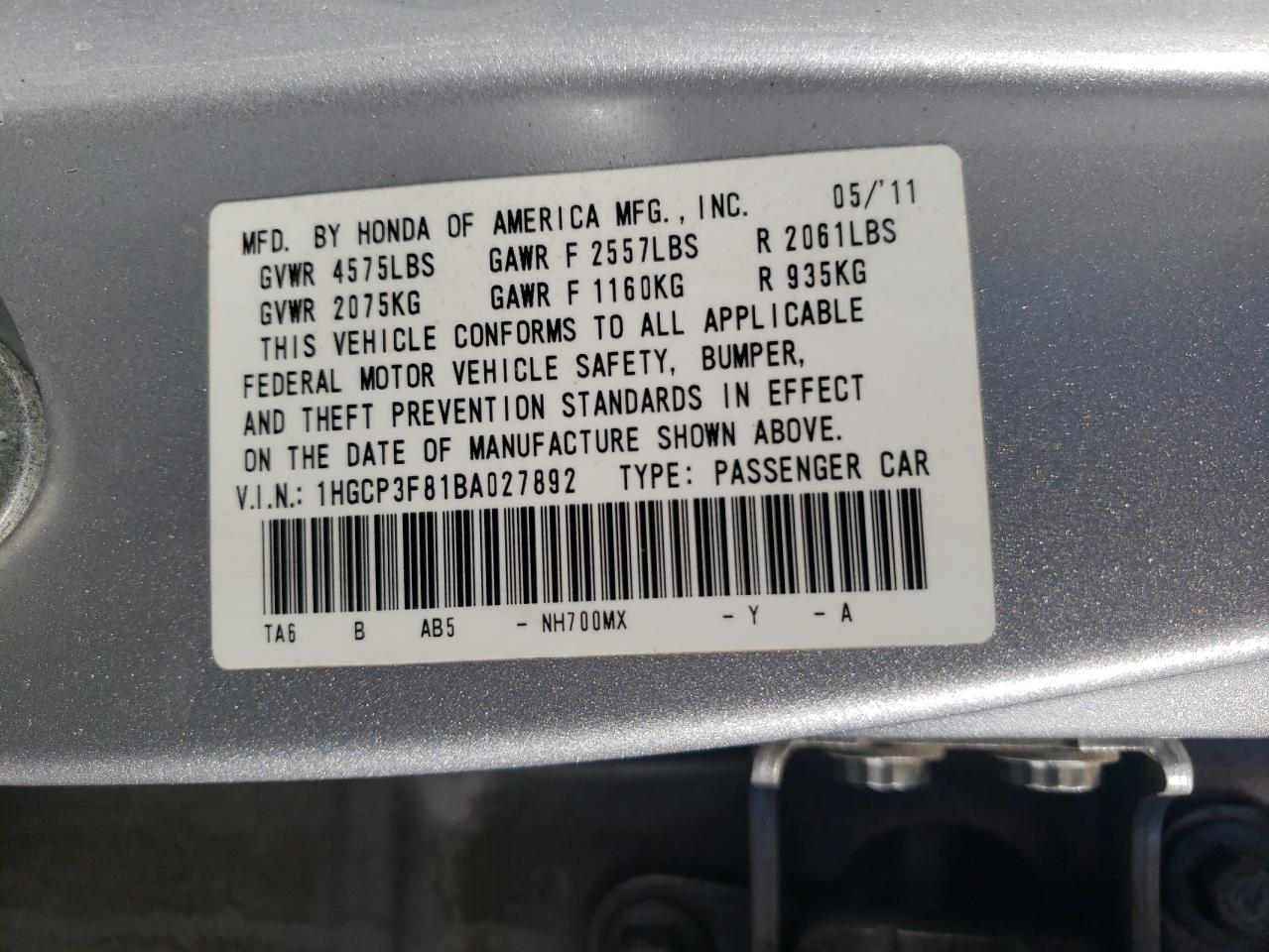 2011 Honda Accord Exl VIN: 1HGCP3F81BA027892 Lot: 71650705