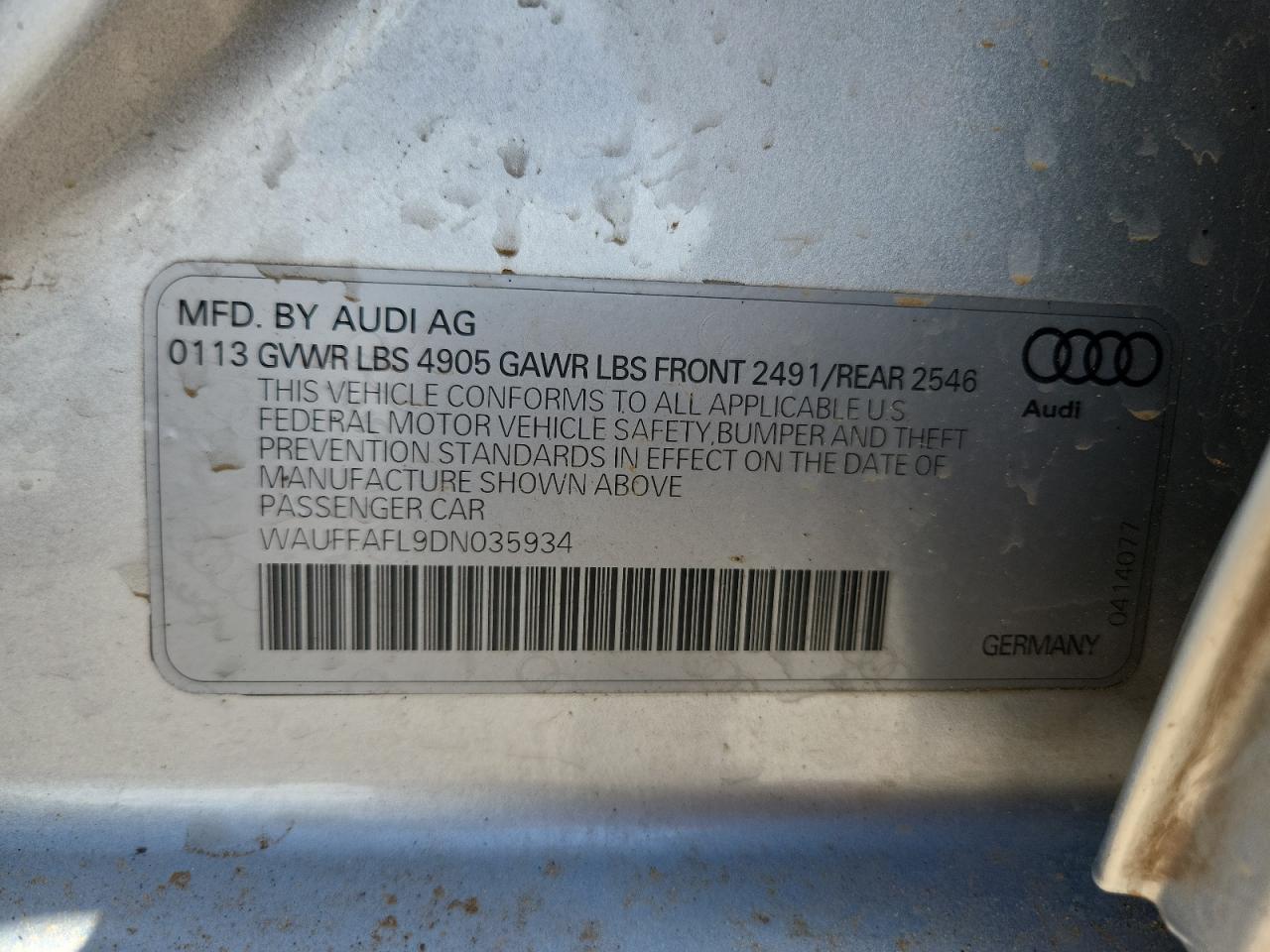 2013 Audi A4 Premium Plus VIN: WAUFFAFL9DN035934 Lot: 81794875
