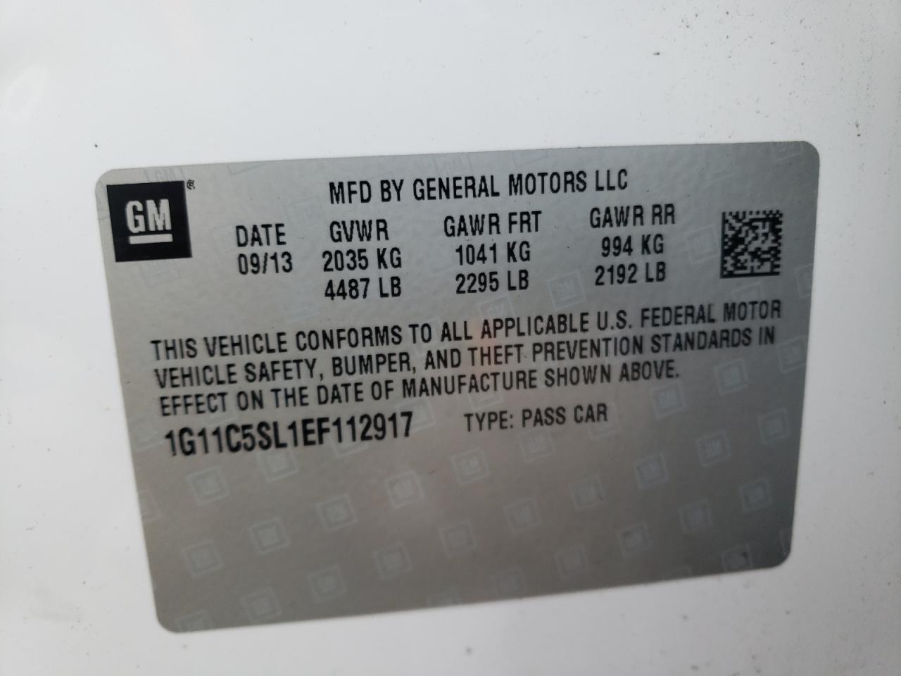 2014 Chevrolet Malibu 1Lt VIN: 1G11C5SL1EF112917 Lot: 70562485