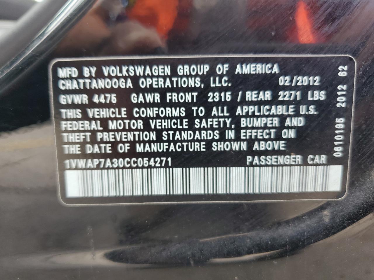 2012 Volkswagen Passat S VIN: 1VWAP7A30CC054271 Lot: 83790825