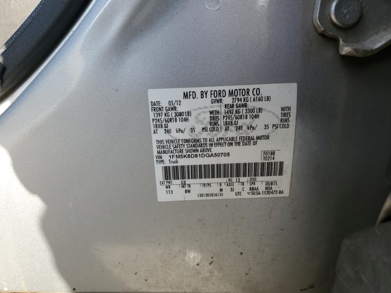 2013 Ford Explorer Xlt VIN: 1FM5K8D81DGA50705 Lot: 70764905