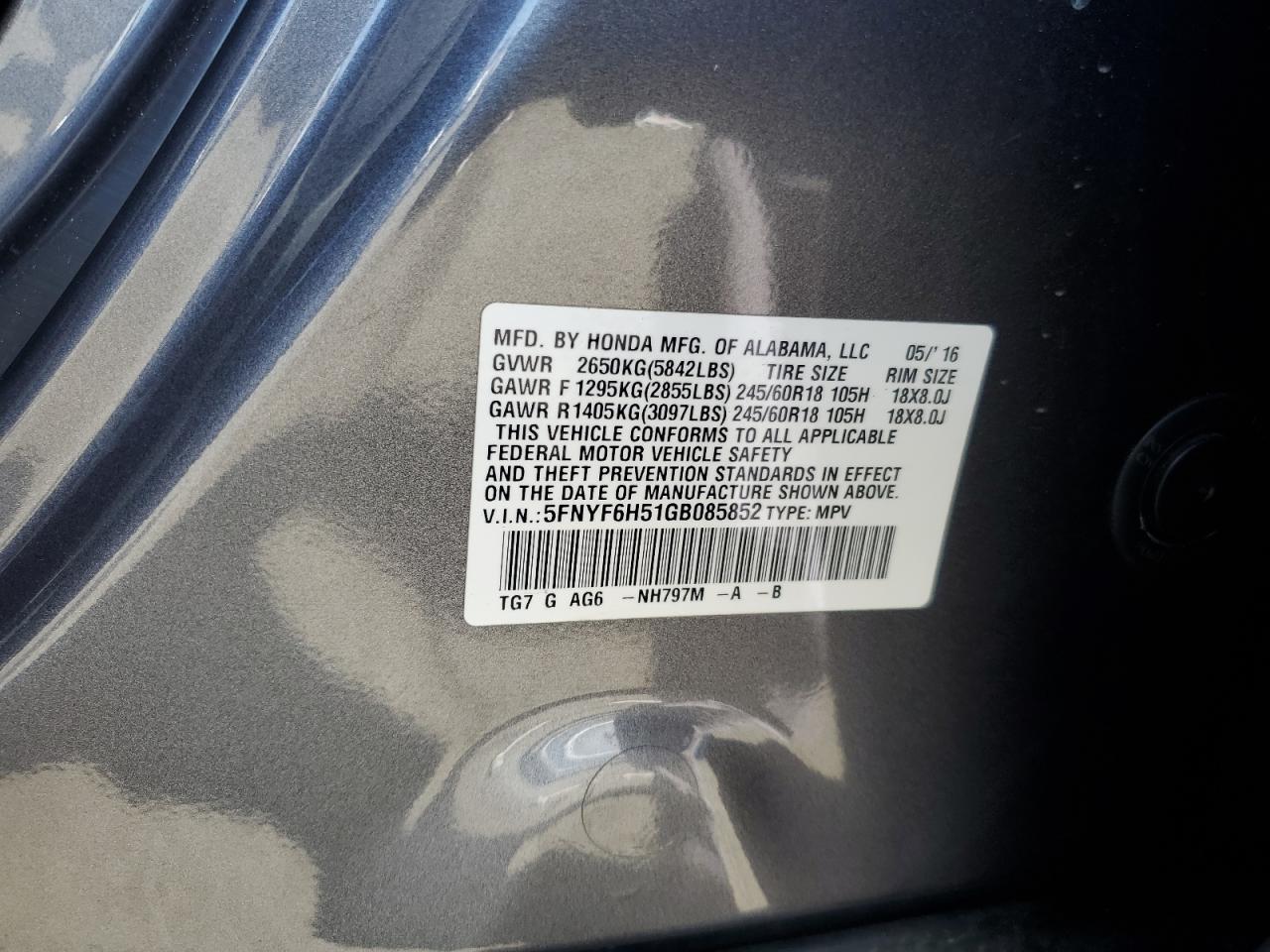 2016 Honda Pilot Exl VIN: 5FNYF6H51GB085852 Lot: 81740365