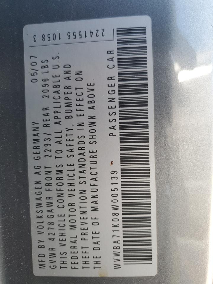 2008 Volkswagen Rabbit VIN: WVWBA71K08W005139 Lot: 80966985