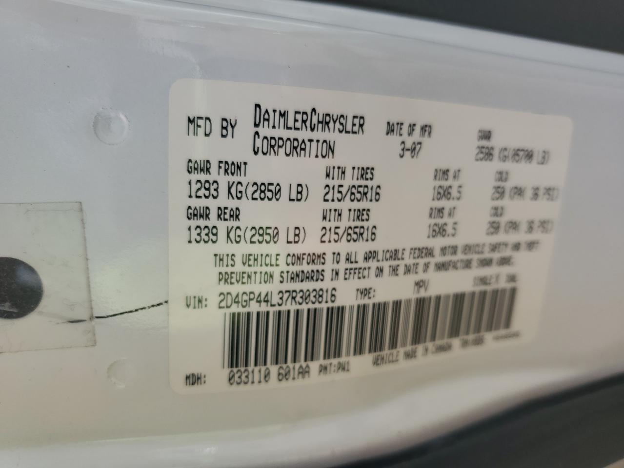 2007 Dodge Grand Caravan Sxt VIN: 2D4GP44L37R303816 Lot: 80732135
