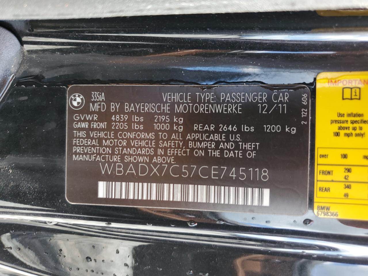 2012 BMW 335 I VIN: WBADX7C57CE745118 Lot: 82150215