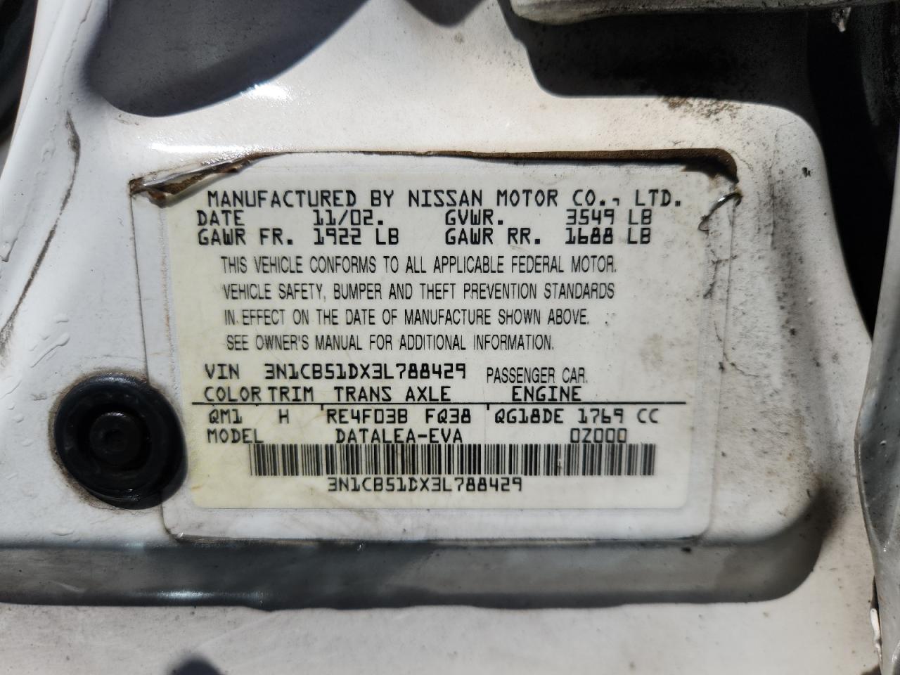 2003 Nissan Sentra Xe VIN: 3N1CB51DX3L788429 Lot: 71096585