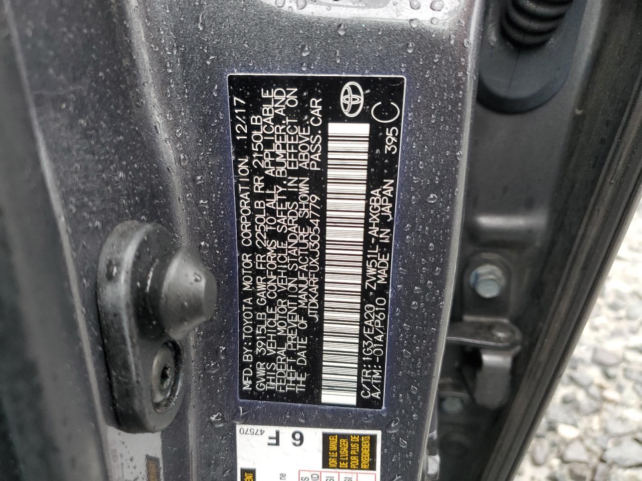 2018 Toyota Prius VIN: JTDKARFUXJ3054779 Lot: 81588295