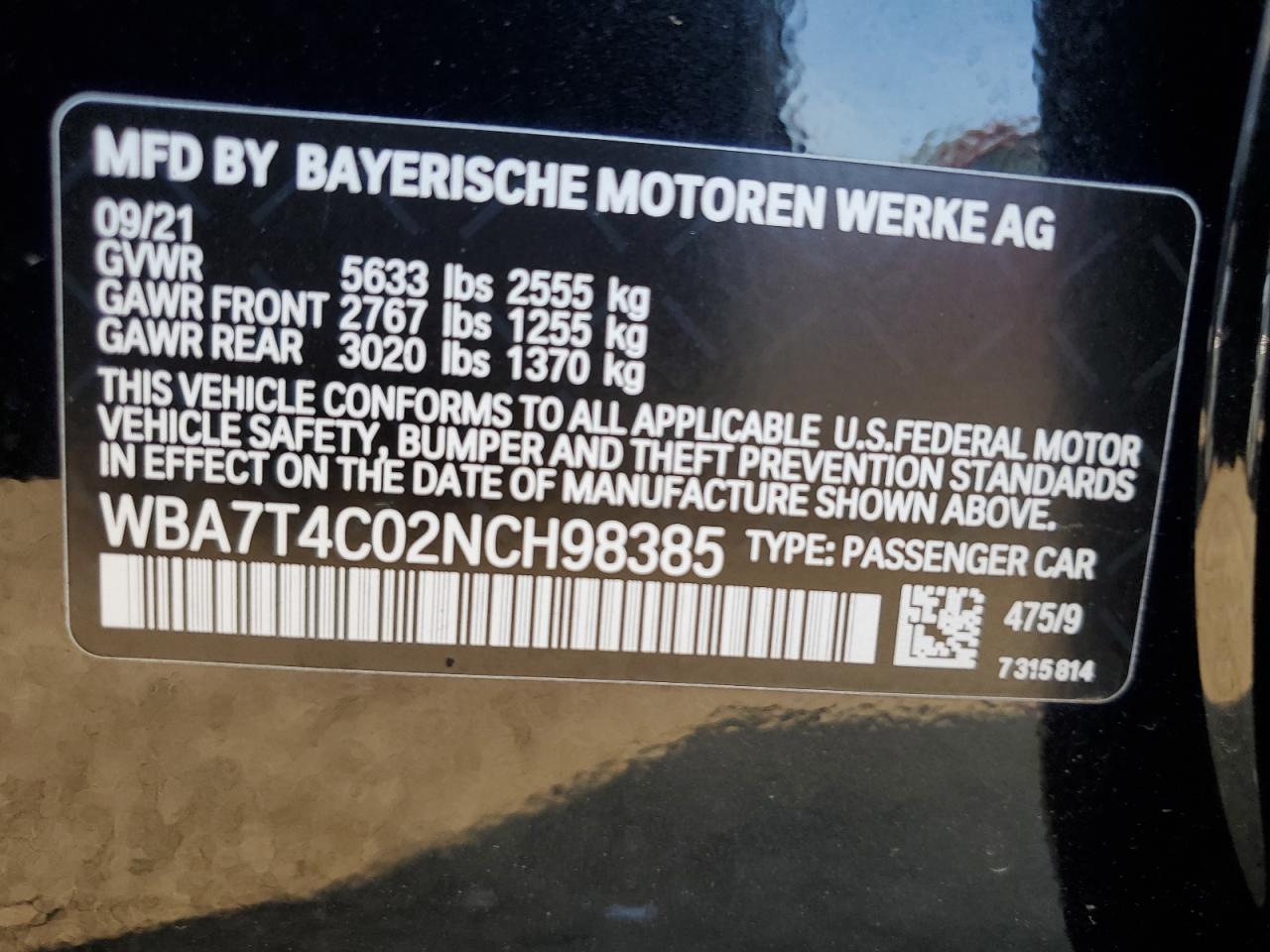 2022 BMW 740 Xi VIN: WBA7T4C02NCH98385 Lot: 71987175