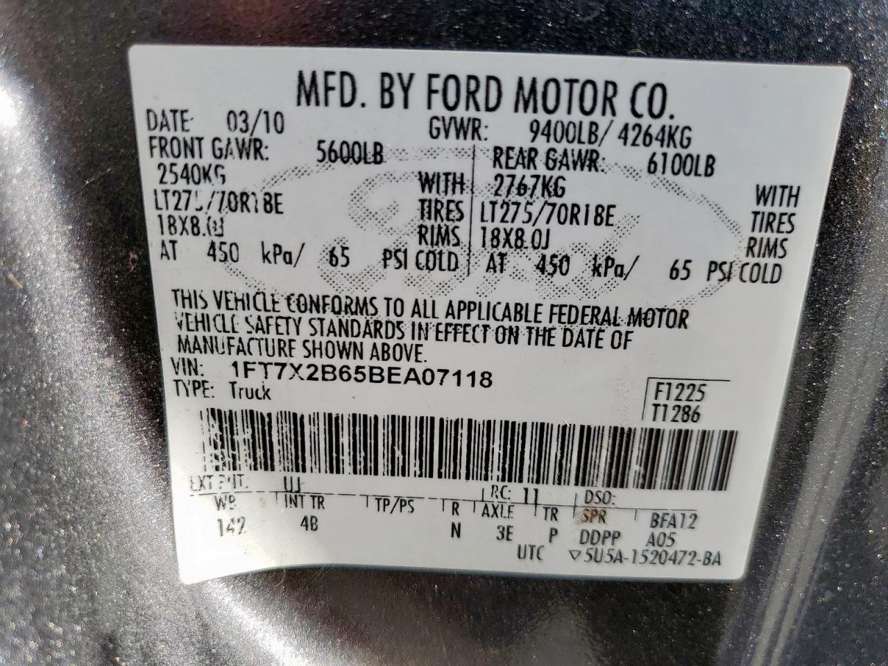 2011 Ford F250 Super Duty VIN: 1FT7X2B65BEA07118 Lot: 81563635