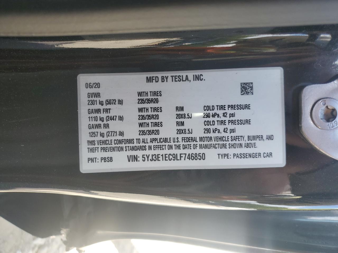 2020 Tesla Model 3 VIN: 5YJ3E1EC9LF746850 Lot: 80633055