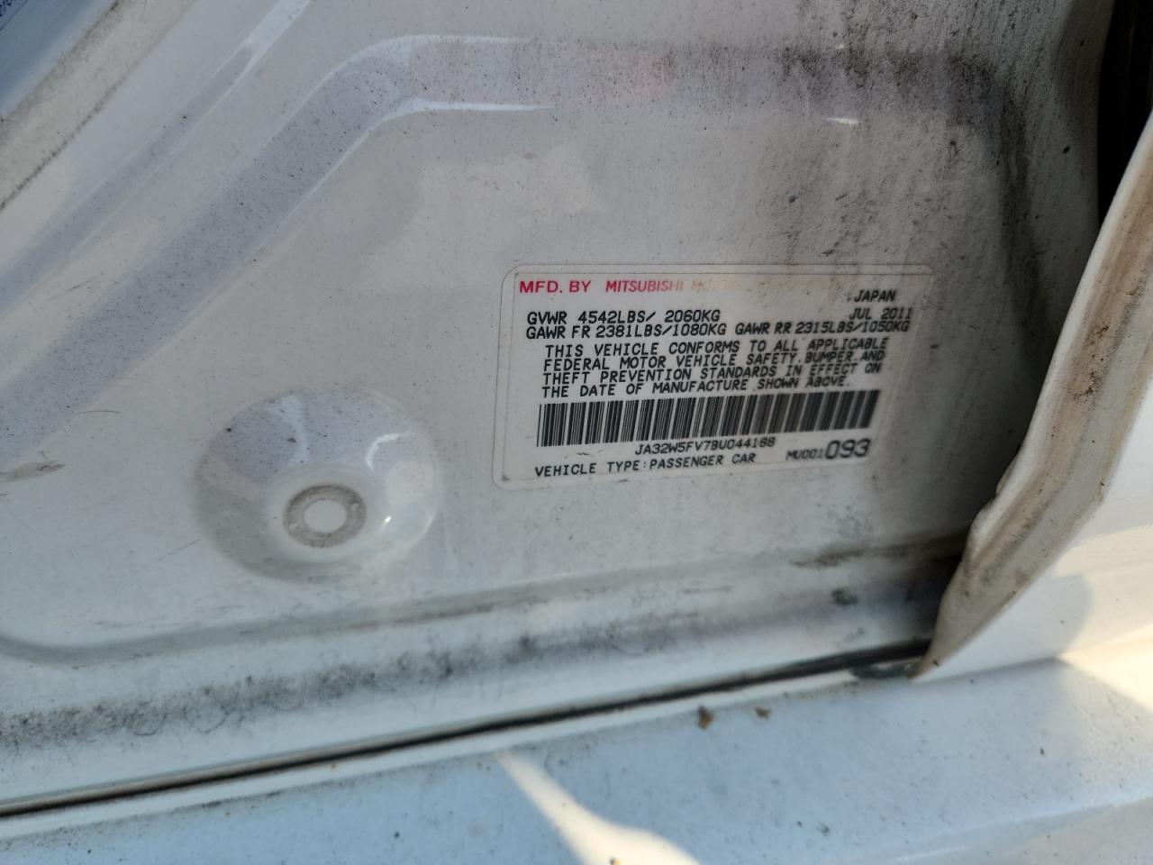 2011 Mitsubishi Lancer Evolution Mr VIN: JA32W5FV7BU044188 Lot: 80515045