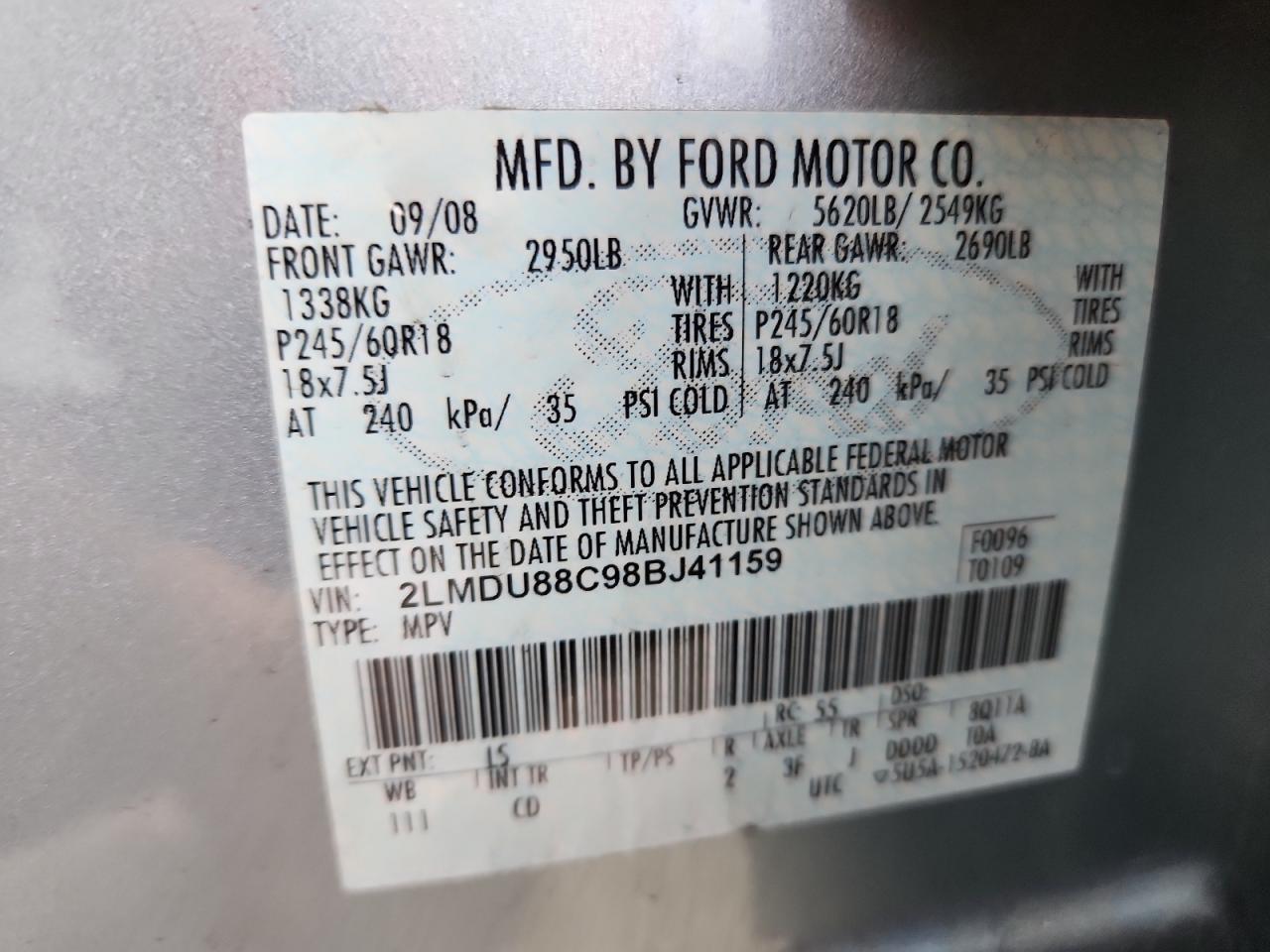 2008 Lincoln Mkx VIN: 2LMDU88C98BJ41159 Lot: 81291895