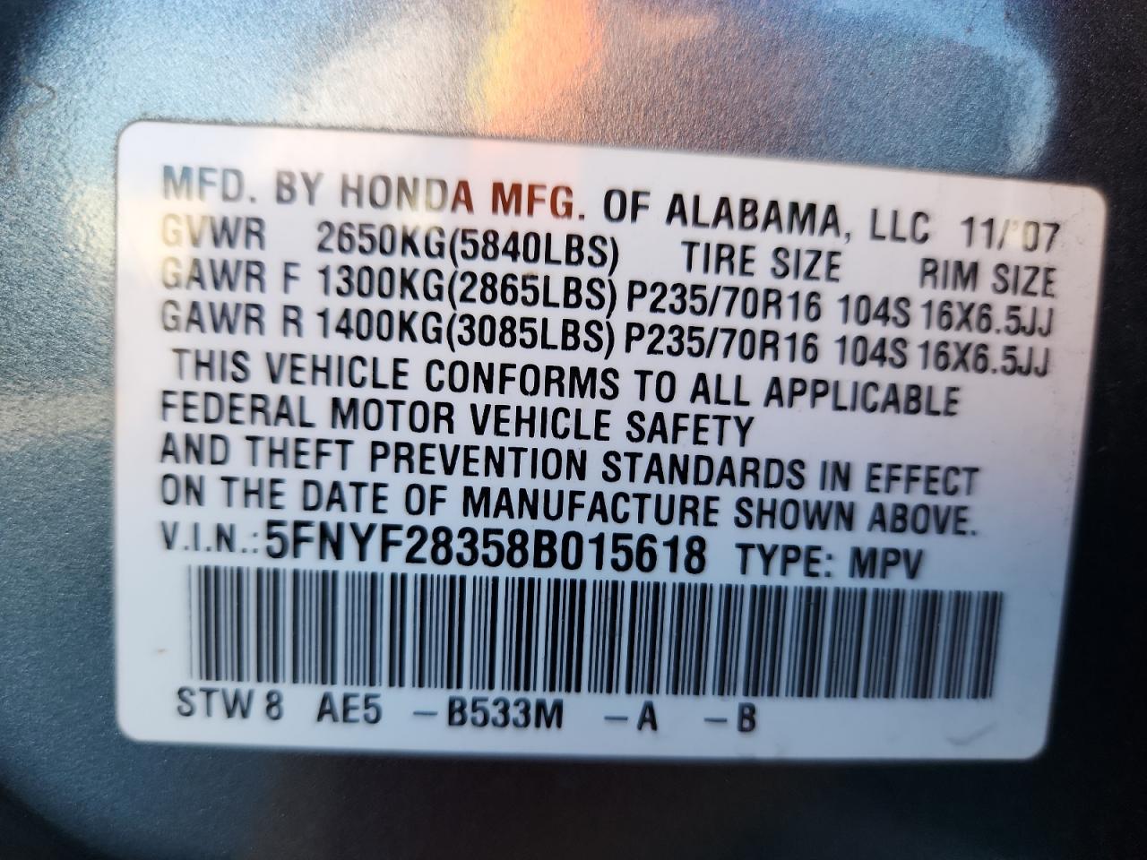 2008 Honda Pilot Se VIN: 5FNYF28358B015618 Lot: 82069445